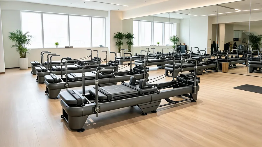 Pilates reformer set up for core training exercises in a bright modern studio