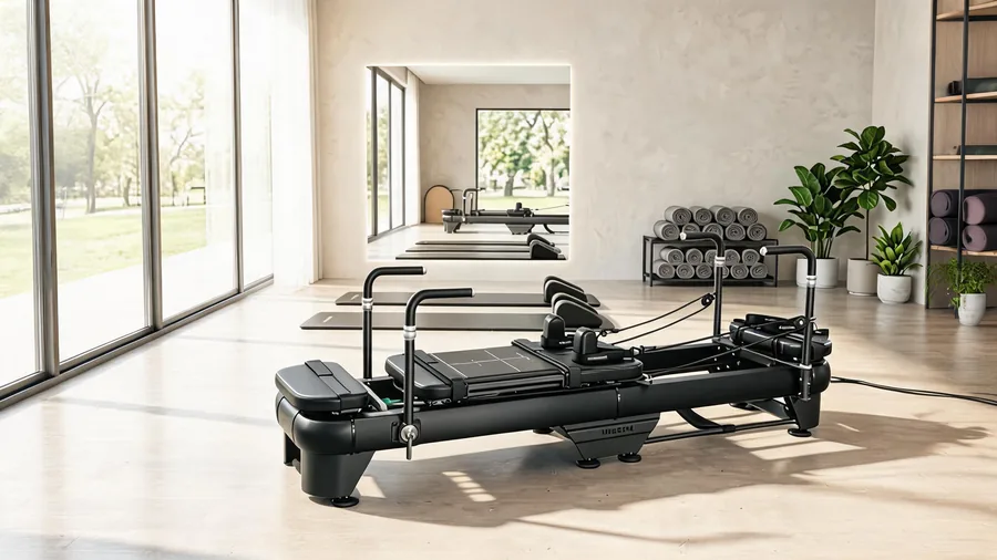 Extra-long K38 heavy-duty reformer for tall athletes in a bright commercial pilates studio
