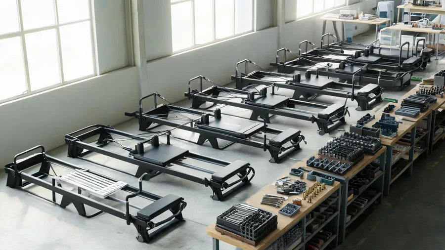 C26 commercial reformer production line with several units in assembly at a pilates factory