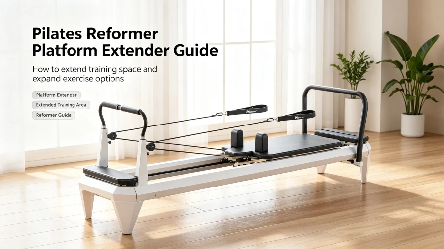 Pilates reformer with platform extender in bright studio, showing extended training area