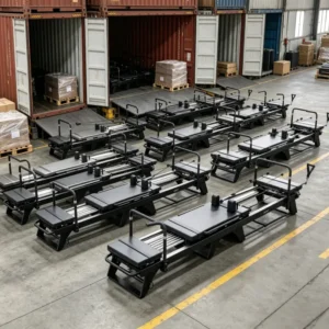 Aluminum pilates reformers bulk stock in factory warehouse, Megacore professional pilates equipment ready for shipping from China to worldwide partners