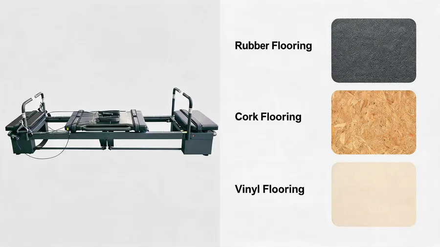 Pilates studio flooring: best surfaces for your reformers 2 Pilates studio flooring comparison infographic covering rubber, cork and vinyl surfaces