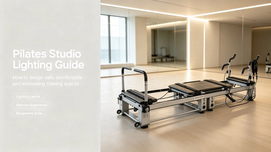 Modern Pilates studio cover with K11 reformer, bright lighting, mirrors and clean training space