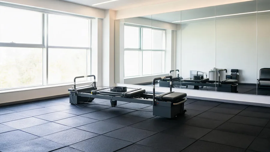 K30 commercial reformer standing on interlocking rubber flooring in a bright pilates studio