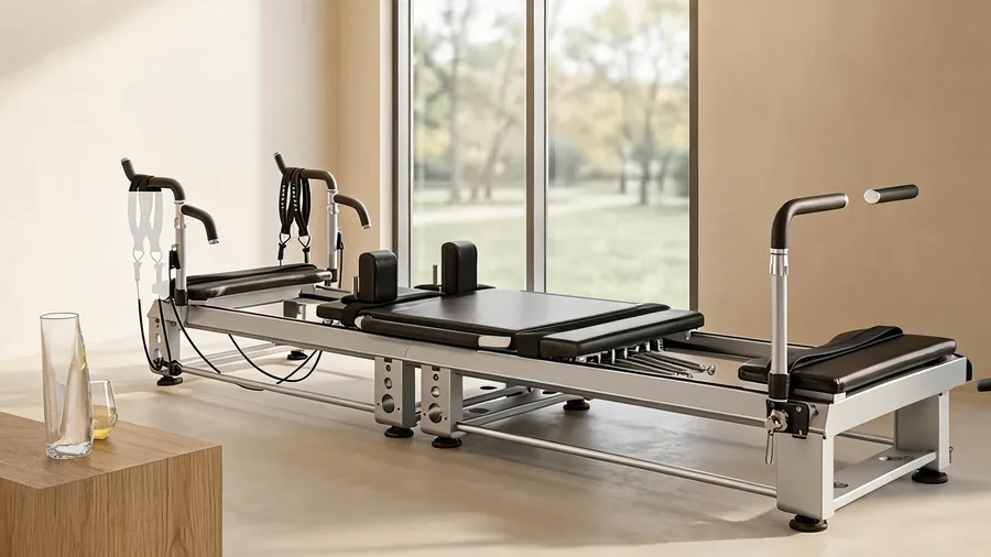 Prenatal and postnatal pilates reformer guide cover with K11 reformer in a calm bright studio