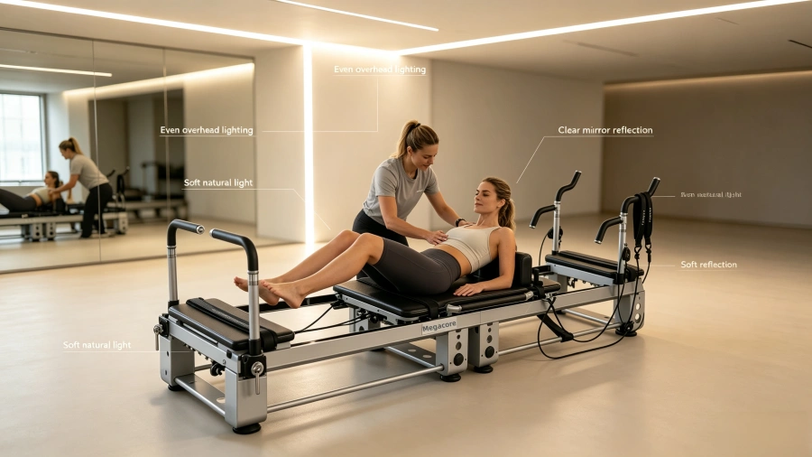 Pilates studio lighting guide 1 Private pilates room with k11 reformer, warm ambient lighting and soft window light