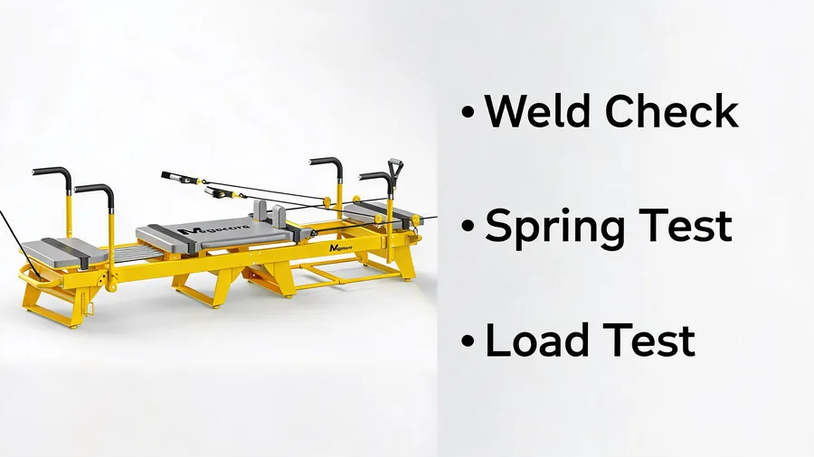 Pilates reformer quality control: factory inspection guide 2 Pilates reformer quality control infographic: weld check, spring test, load test