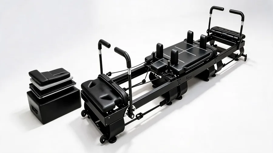 Pilates reformer accessories catalog: boxes, jump boards, and platform extenders 1 Detail of reformer accessories including box, jump board and platform extender