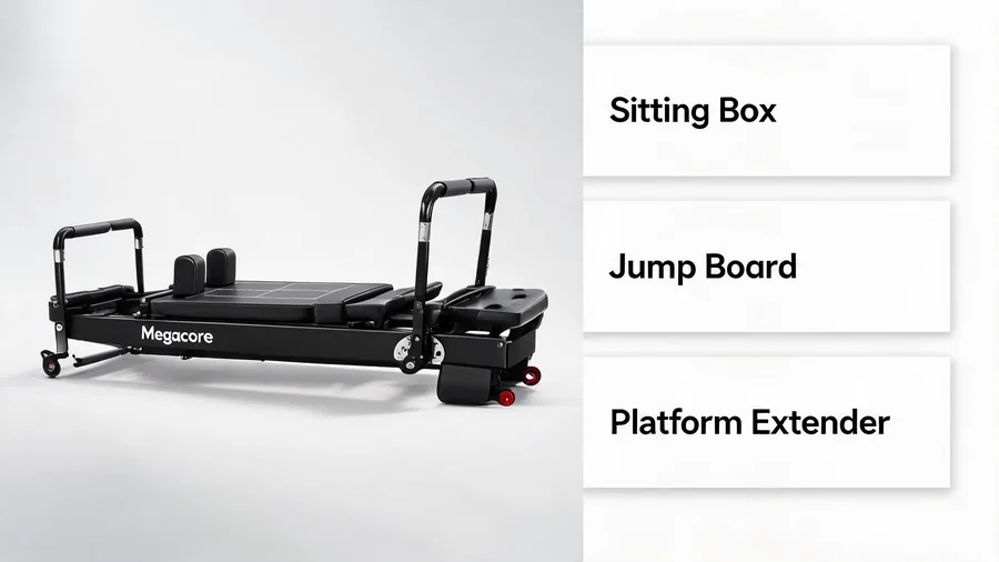 Pilates reformer accessories catalog: boxes, jump boards, and platform extenders 2 Pilates reformer accessories infographic: sitting box, jump board, platform extender