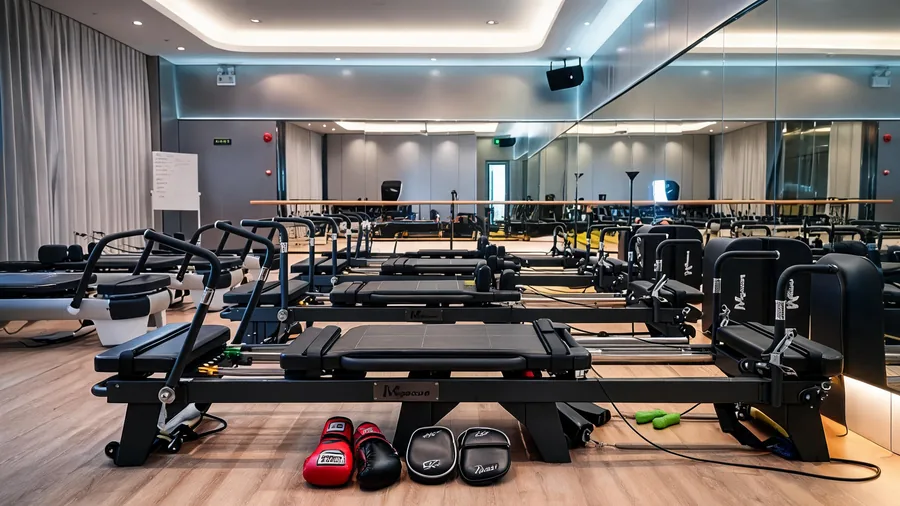 C26 reformer set up for a boxing-inspired class in a high-energy studio