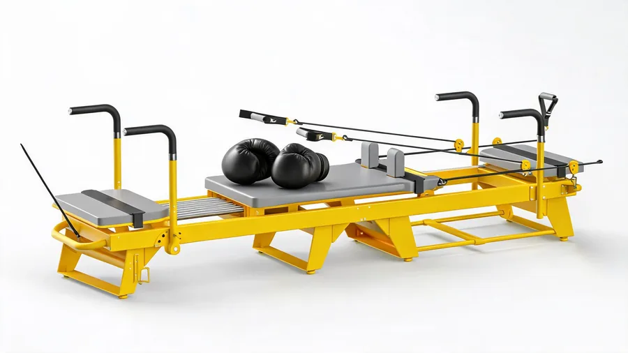 Pilates reformer boxing workout: build a signature class 1 Detail of boxing gloves resting on a reformer carriage