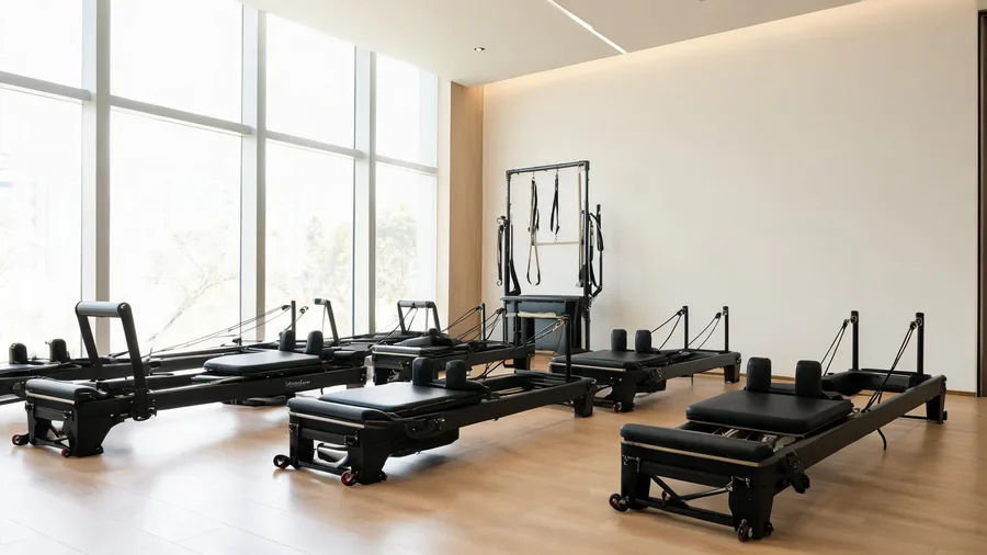 Pilates reformer vs megaformer vs cadillac: equipment comparison for studio owners 1 K34 reformer in a mixed-equipment pilates studio layout with tower apparatus