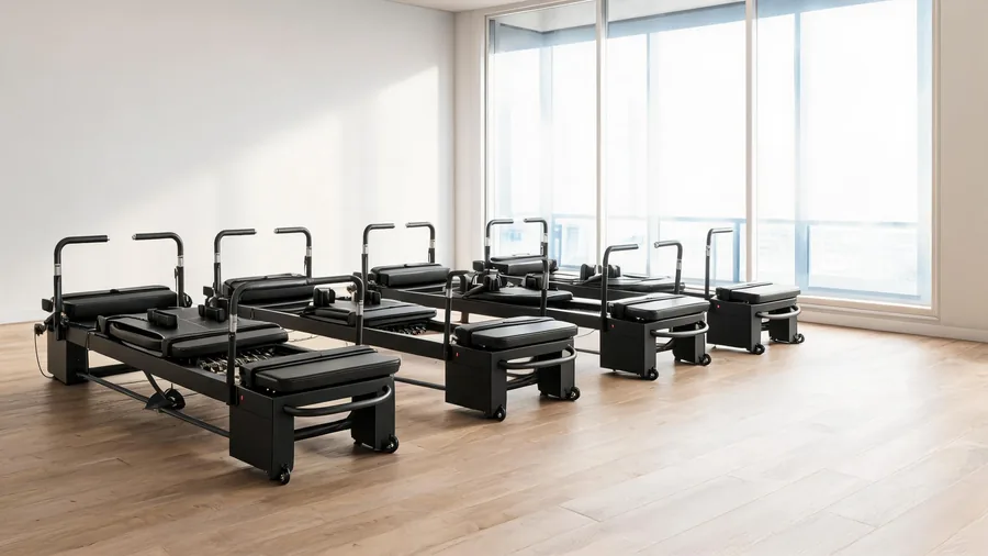 Pilates reformer cleaning guide cover with clean K30 reformers in a bright studio