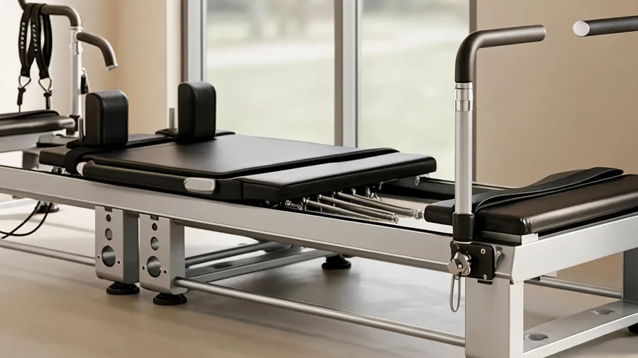 Pilates reformer for chiropractic clinics: equipment guide for pt practices 1 Detail of a clinical reformer frame and footbar with light springs