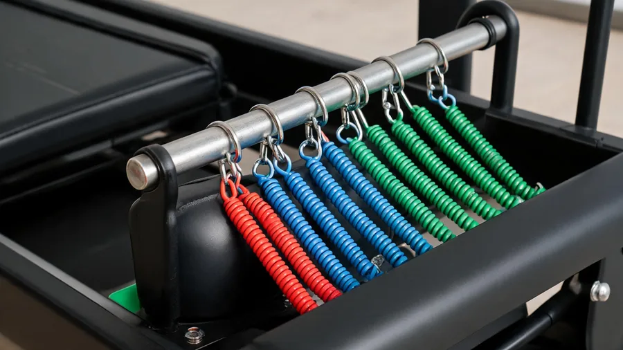 Pilates reformer spring tension chart: complete guide to choosing the right resistance 1 Macro close-up of color-coded reformer springs on the spring bar