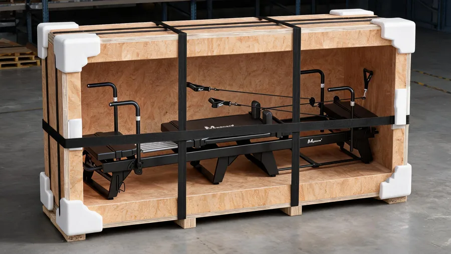 Pilates reformer transport and logistics: air freight vs sea freight from china 1 Detail of a crated reformer shipment with plywood case and strapping