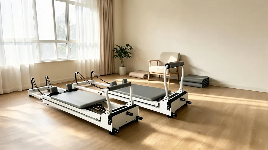 Pilates reformer dimensions guide cover with T07 reformer in a space-efficient studio layout