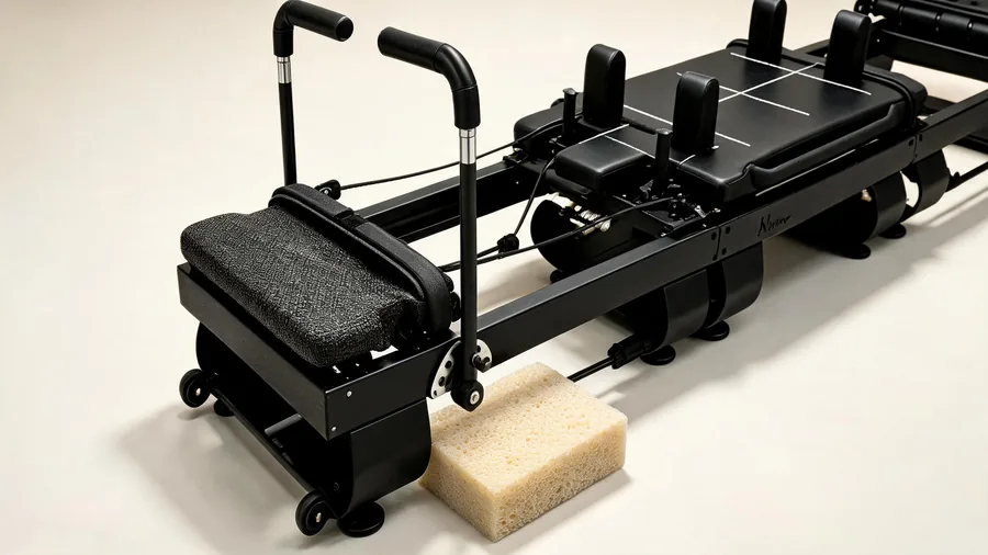 Sustainable pilates reformer: eco without compromise 1 Detail of recycled upholstery and plant-based foam on a reformer