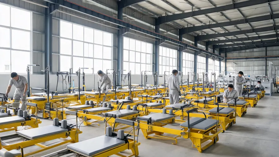 China pilates equipment factory vs local supplier: which is better for your studio? 1 C26 pilates reformers on a factory quality control line in china