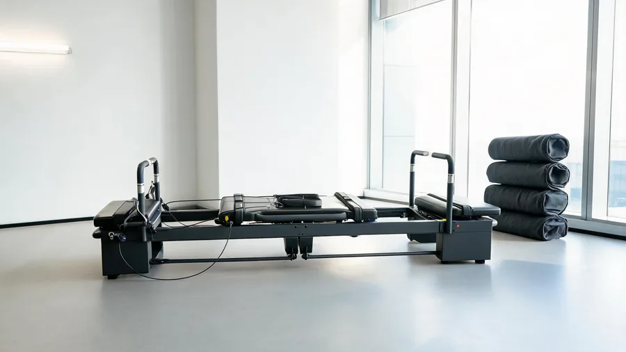 K30 reformer with covered foam rollers stacked nearby in a clean studio