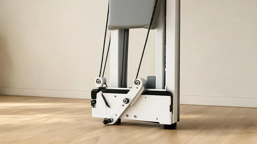 Pilates reformer wall mount and stand options: space-saving for small studios 1 Detail of a foldable reformer hinge and storage stand