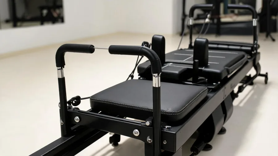 Pilates reformer for dancers: cross-training equipment for dance studios and companies 1 Close-up of k34 reformer footbar and padded carriage in a dance studio