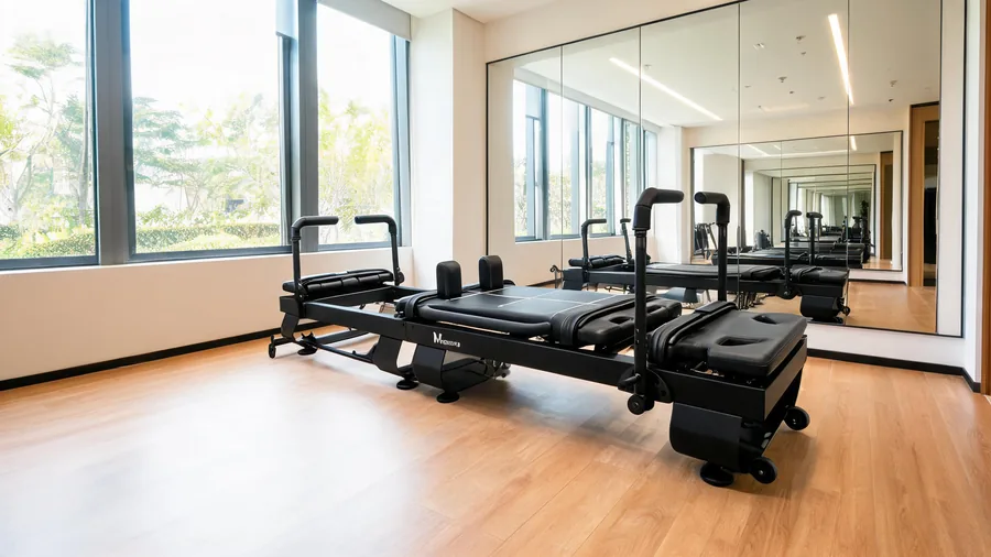 Pilates reformer for athletes guide cover with K34 reformer in a bright performance studio