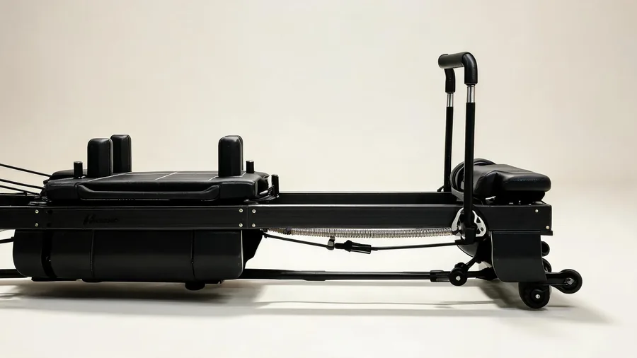 Side view detail of a reformer frame rail and adjustable footbar