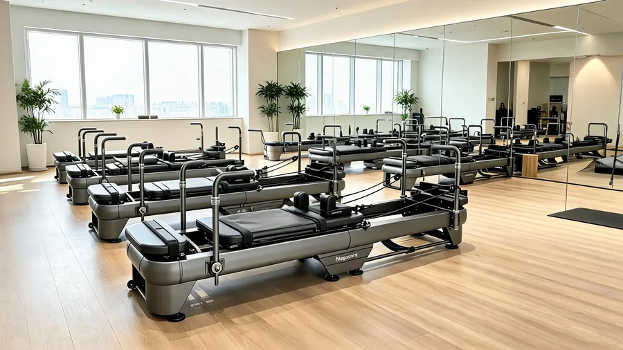 A row of K38 reformers arranged for a group class in a spacious studio