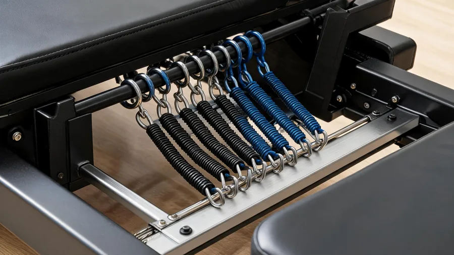 Reformer pilates for men: why more male athletes are switching to pilates 1 Detail of a reformer spring bar set to heavier resistance