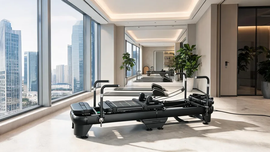 K38 reformer in an upscale hotel fitness center by a city window