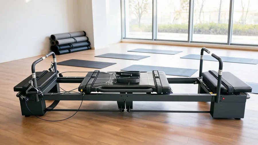 Pilates reformer vs mat pilates: which one should your studio focus on? 1 K30 reformer area next to an open mat pilates class space in one studio