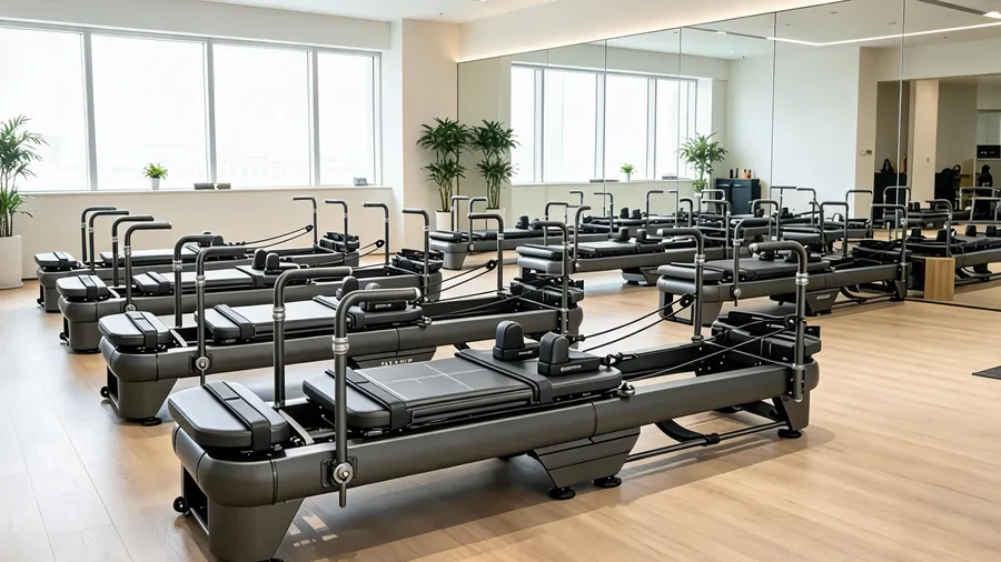 Group reformer classes: fill more reformers, earn more 1 Detail of multiple reformers lined up in a group class layout
