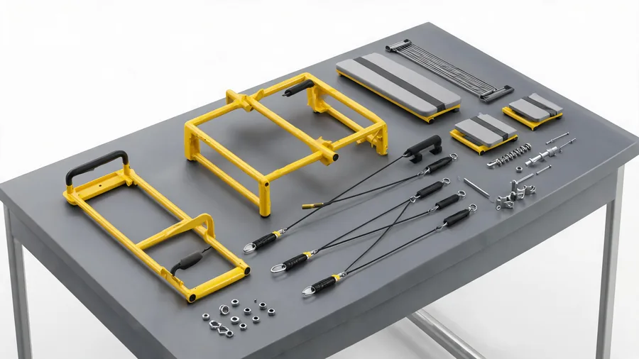 Build your own pilates reformer? Read this first 1 Detail of reformer parts including steel tubing, springs and carriage laid out