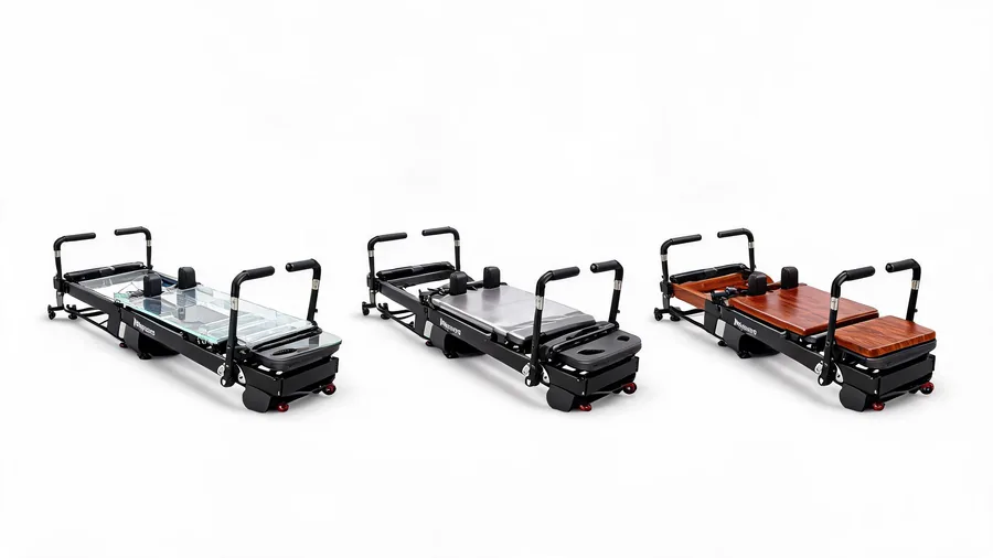 Pilates reformer platform board: acrylic vs aluminum vs wood 1 Detail of acrylic, aluminum and wood reformer platform boards side by side