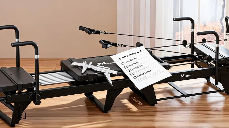 Pilates reformer supplier red flags: what to watch out for when sourcing from china 1 Detail of reformer qc inspection with calipers and checklist