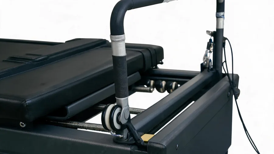 Pilates reformer noise levels: what’s normal and how to keep your studio quiet 1 Detail of a reformer roller and rail for quiet smooth movement