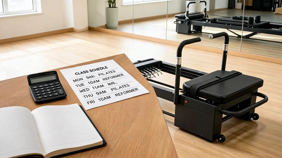 Planning desk with notebook, calculator and class schedule beside a reformer