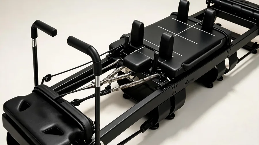 Pilates reformer for post-injury recovery: rehab equipment guide 1 Close-up of k34 reformer spring bar with light tension settings for rehab