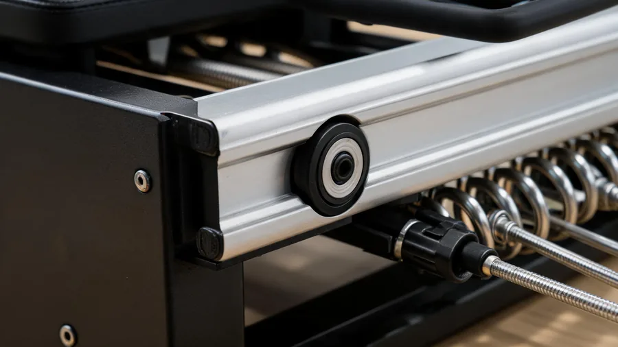 Pilates reformer carriage systems: roller bearings vs friction-free design 1 Macro detail of a reformer carriage roller bearing on the rail