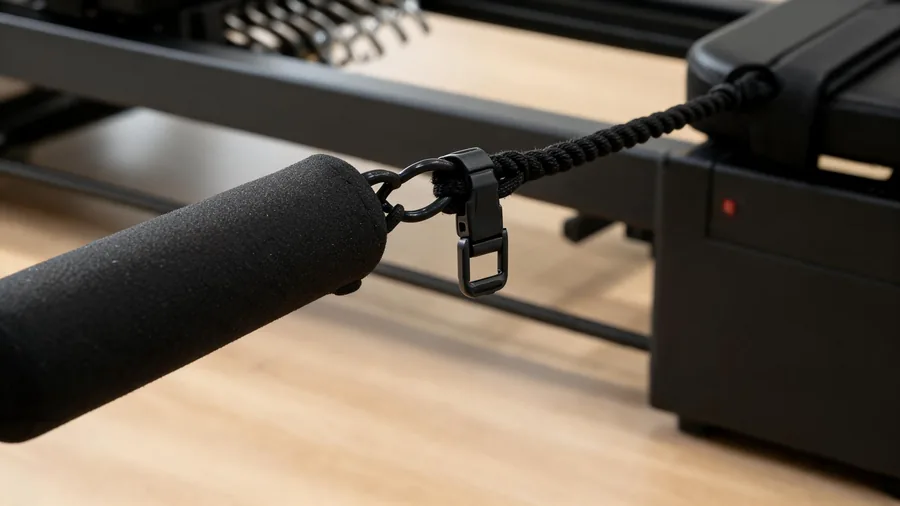 Pilates reformer rope length guide: standard vs extended for different heights 1 Detail of a reformer rope and handle with a length adjustment clip
