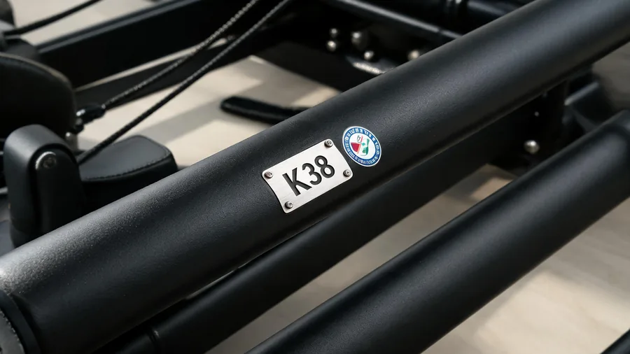 Pilates equipment warranty guide: what factory-backed coverage really means 1 Detail of a reformer frame serial plate and quality sticker