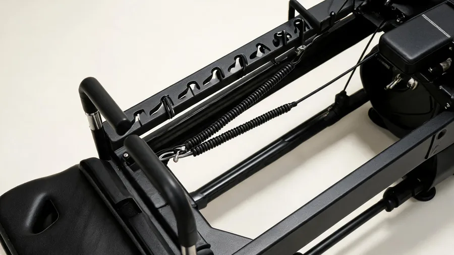 How to modify or sequence pilates reformer exercises for different class levels 1 Detail of a reformer spring bar with different spring hook positions