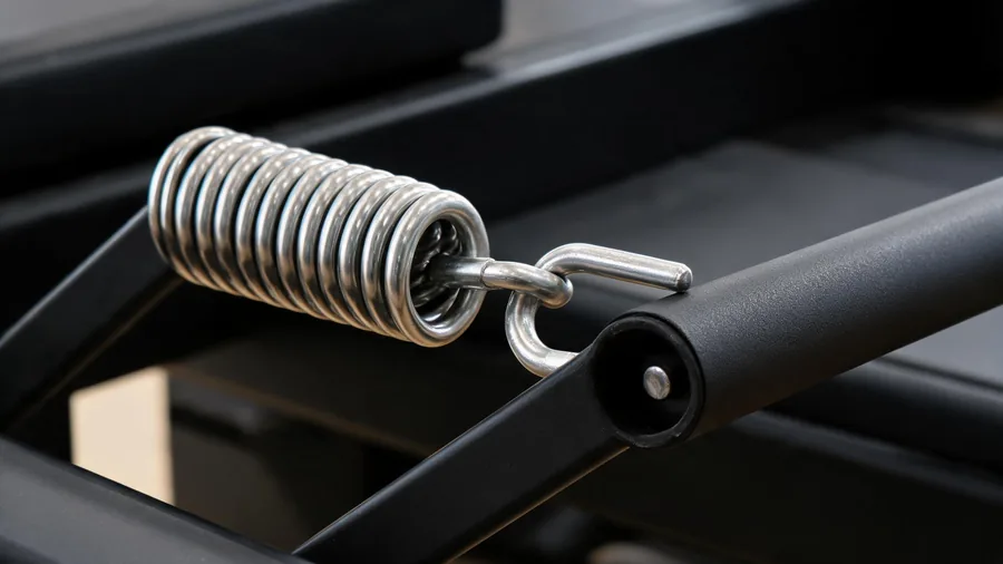 Guida alla sostituzione delle molle del Reformer Pilates 1 Macro detail of a reformer spring and hooked end at the spring bar