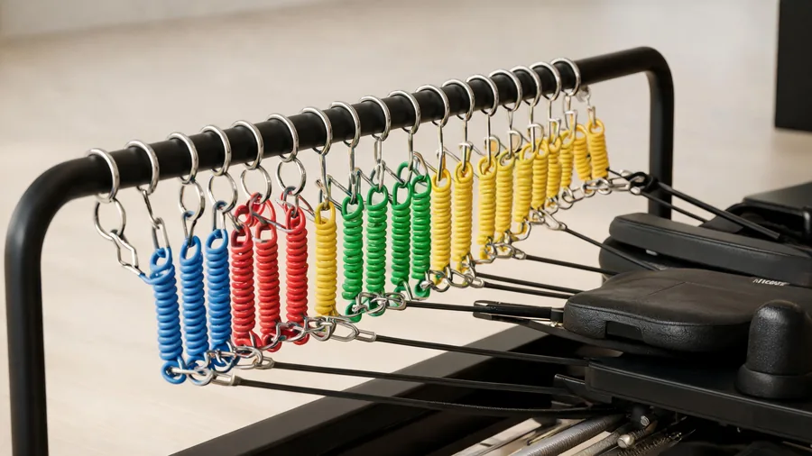 Close-up of color-coded reformer springs and the spring bar