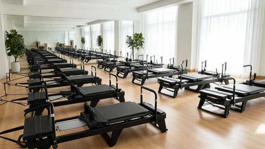 How many reformers for a pilates studio — 2026 count calculator & guide 1 Multiple c26 reformer stations evenly spaced in a bright pilates studio