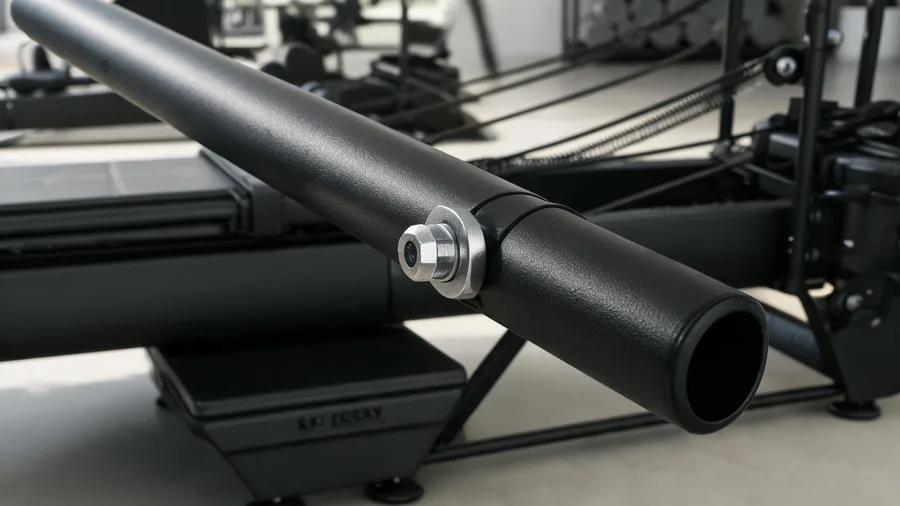 Pilates reformer weight capacity guide: why 250kg+ steel frames matter 1 Detail of a heavy steel reformer frame cross member and joint