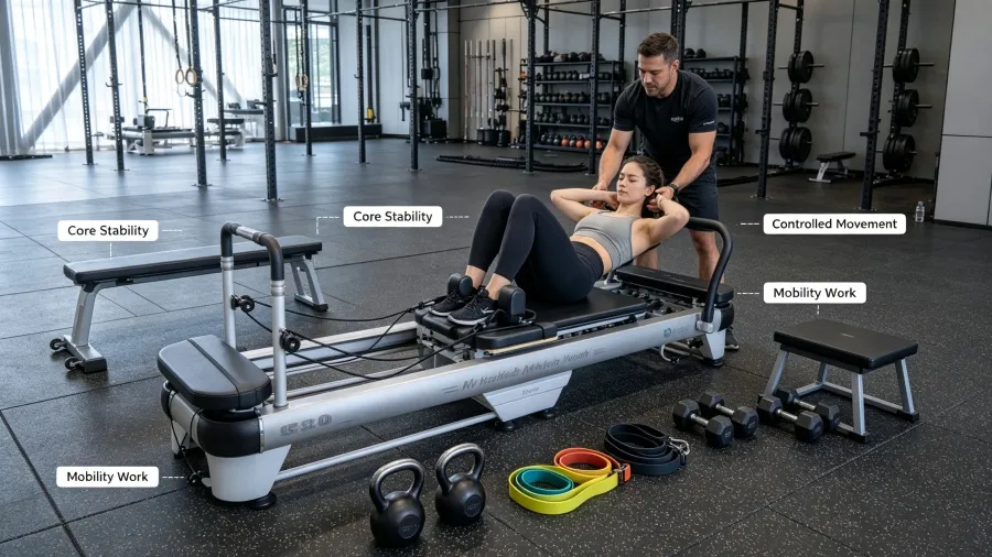Pilates reformer for crossfit: why hybrid gyms win 1 Coach and client using pilates reformer for core stability and mobility work