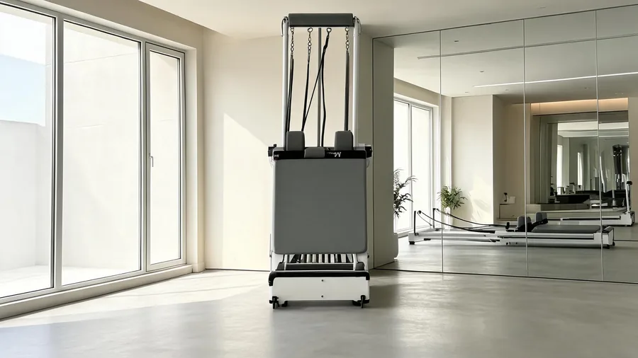 T07 foldable reformer stored vertically against the wall in a small studio