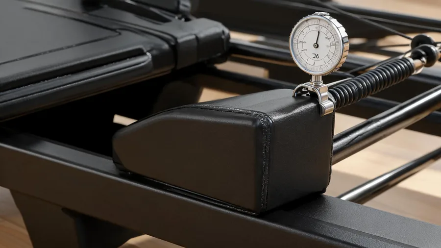 Pilates reformer quality control: factory inspection guide 1 Detail of reformer weld joint and spring tension test gauge